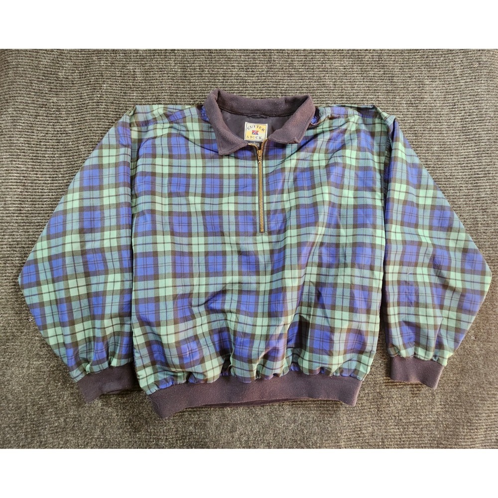 Vintage Cutter & Buck Windbreaker Jacket Men L Green Blue Plaid 1/4 Zip Collared